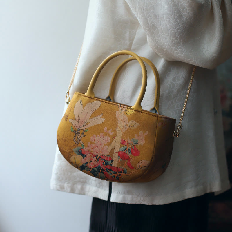 Buddha Stones Vintage Flower Peony Metal Chain Zipper Handbag Crossbody Bag Shoulder Bag - Yellow Flower 20*14*7cm - image 0