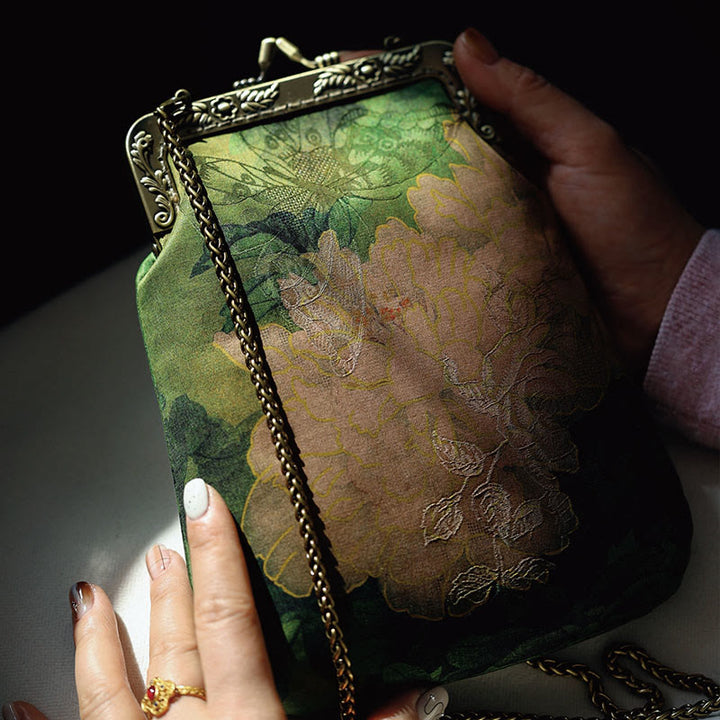 Buddha Stones Small Green Peony Butterfly Metal Chain Crossbody Bag Shoulder Bag Cellphone Bag - image 5