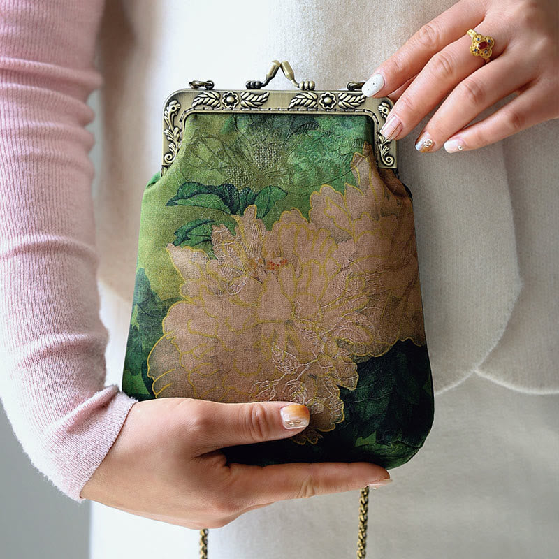 Buddha Stones Small Green Peony Butterfly Metal Chain Crossbody Bag Shoulder Bag Cellphone Bag - image 6