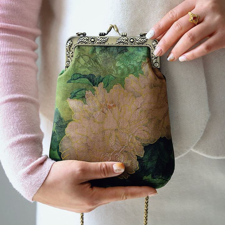 Buddha Stones Small Green Peony Butterfly Metal Chain Crossbody Bag Shoulder Bag Cellphone Bag - image 6