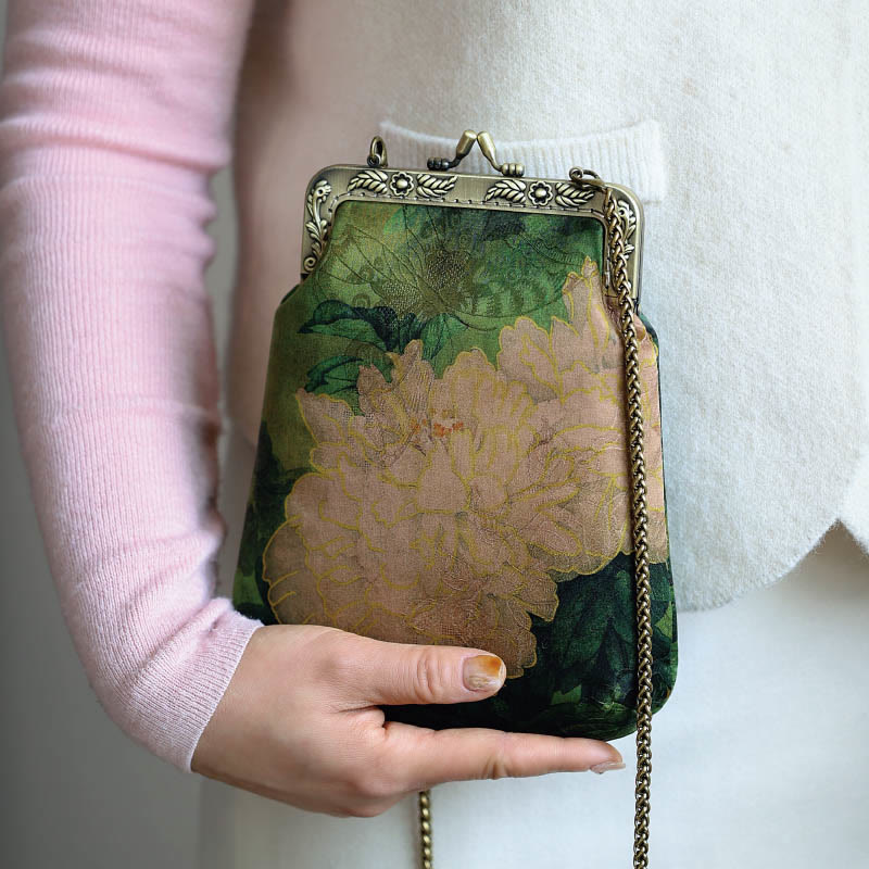 Buddha Stones Small Green Peony Butterfly Metal Chain Crossbody Bag Shoulder Bag Cellphone Bag - Green Peony Butterfly 20*16*4cm - image 0