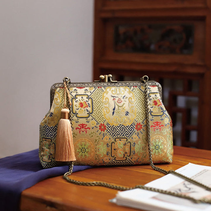 Buddha Stones Vintage Geometry Flowers Metal Chain Crossbody Bag Shoulder Bag Handbag - Gold Geometry 21*14*5cm - image 0