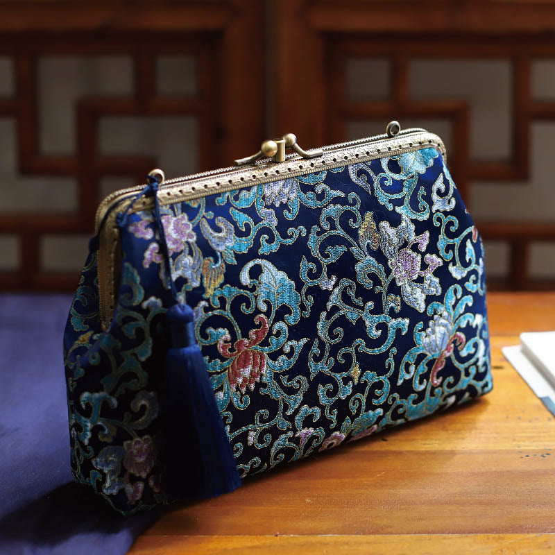 Buddha Stones Vintage Geometry Flowers Metal Chain Crossbody Bag Shoulder Bag Handbag - Dark Blue Flowers 21*14*5cm - image 8