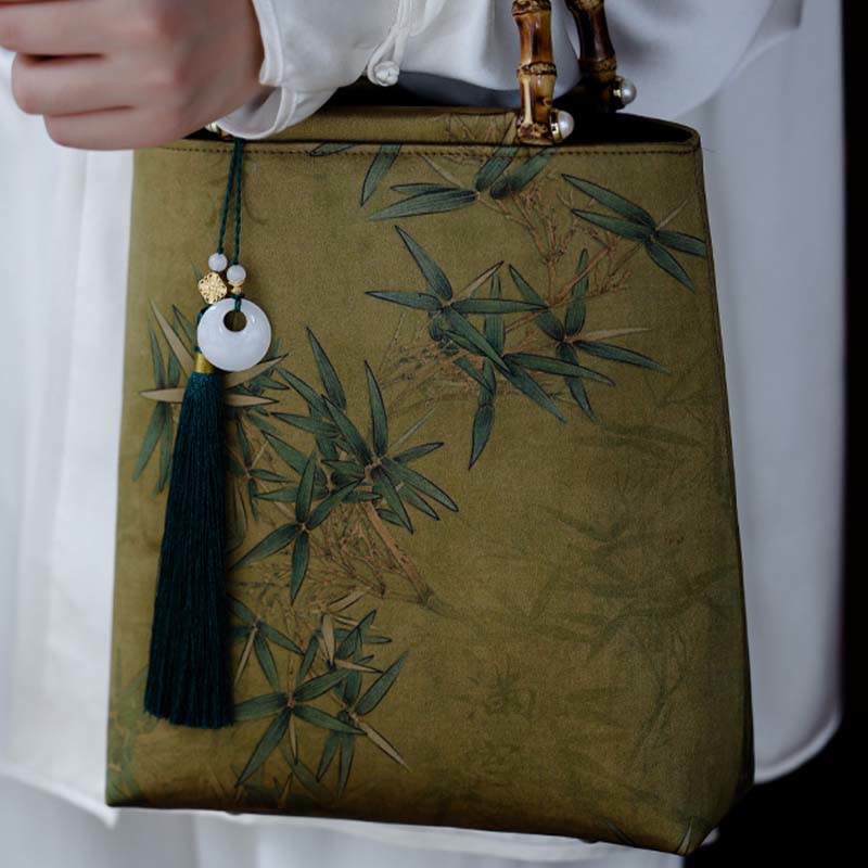 Buddha Stones Yellow Green Bamboo Leaves Bamboo Handles Handbag - image 1