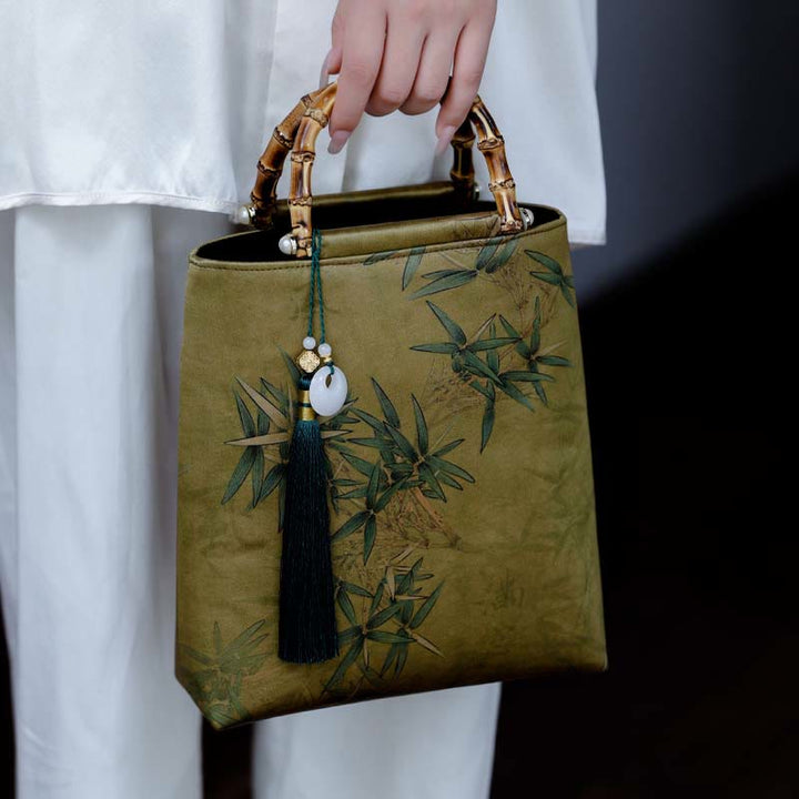 Buddha Stones Yellow Green Bamboo Leaves Bamboo Handles Handbag - Bamboo Leaves 20-23*25*8.5cm - image 0