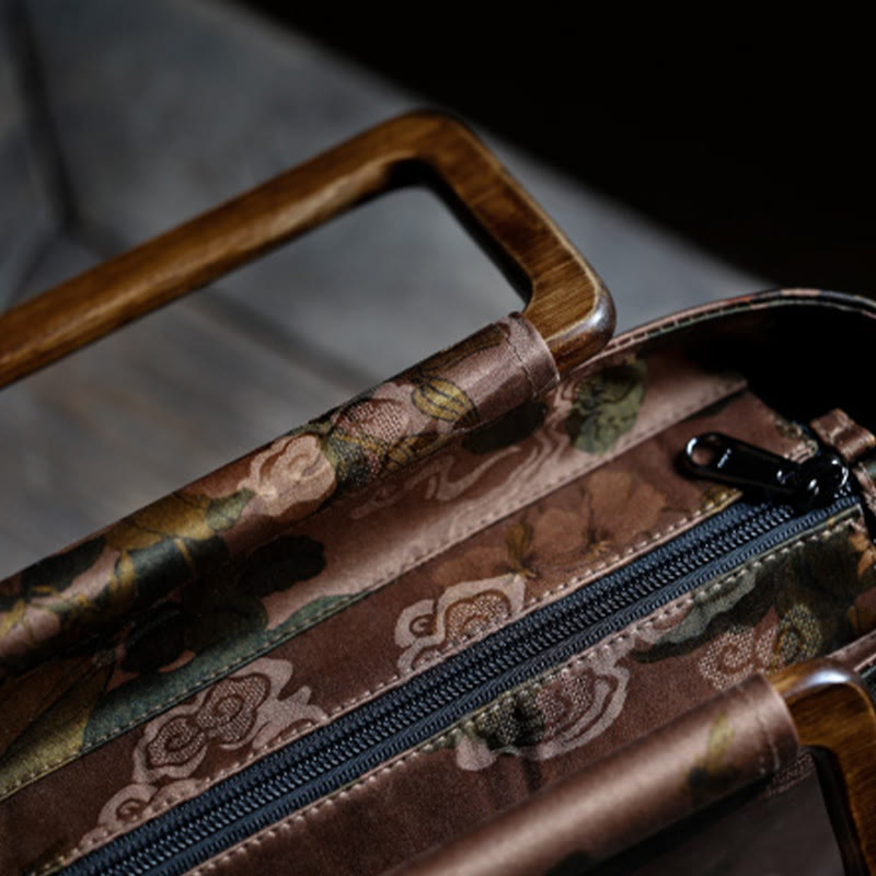 Buddha Stones Vintage Brown Flowers Green Bamboo Leaves Wood Handles Zipper Handbag - image 3