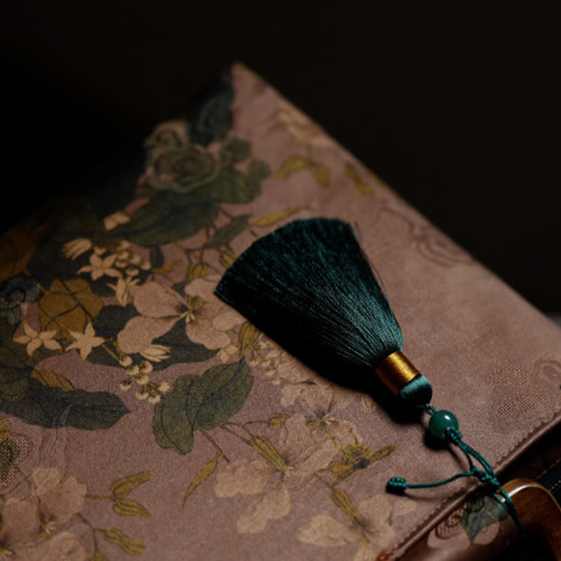 Buddha Stones Vintage Brown Flowers Green Bamboo Leaves Wood Handles Zipper Handbag - image 8