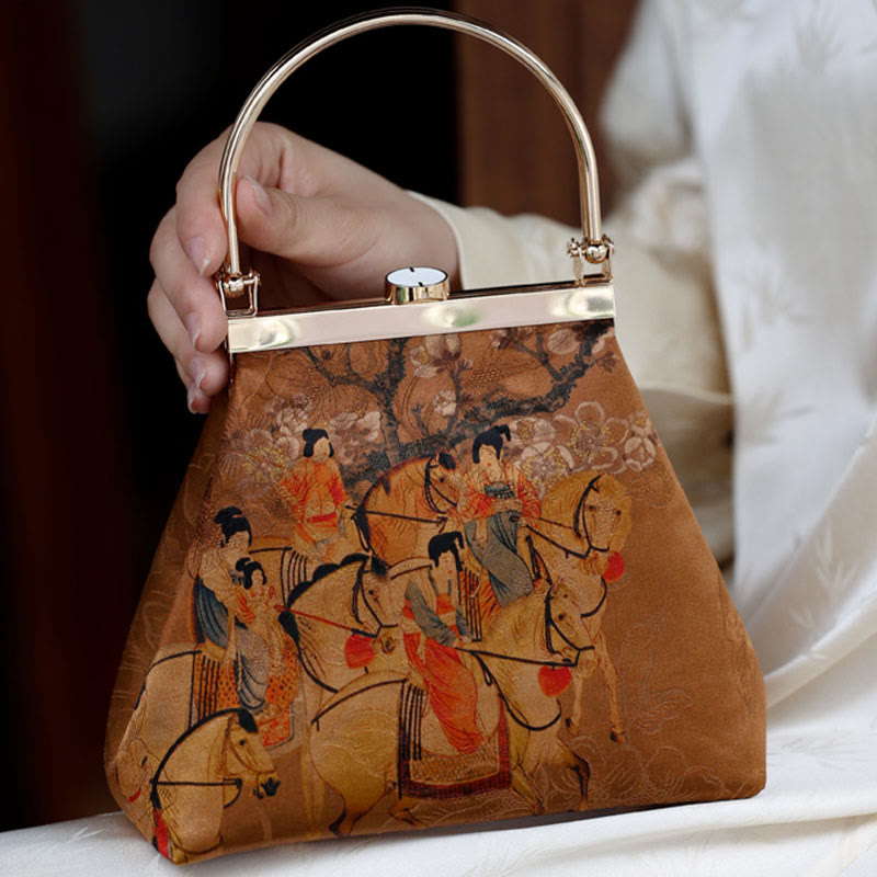 Buddha Stones Painting of Lady of Guoguo on a Spring Outing Metal Handle Handbag - Brown 19*16.5*9.5cm - image 0