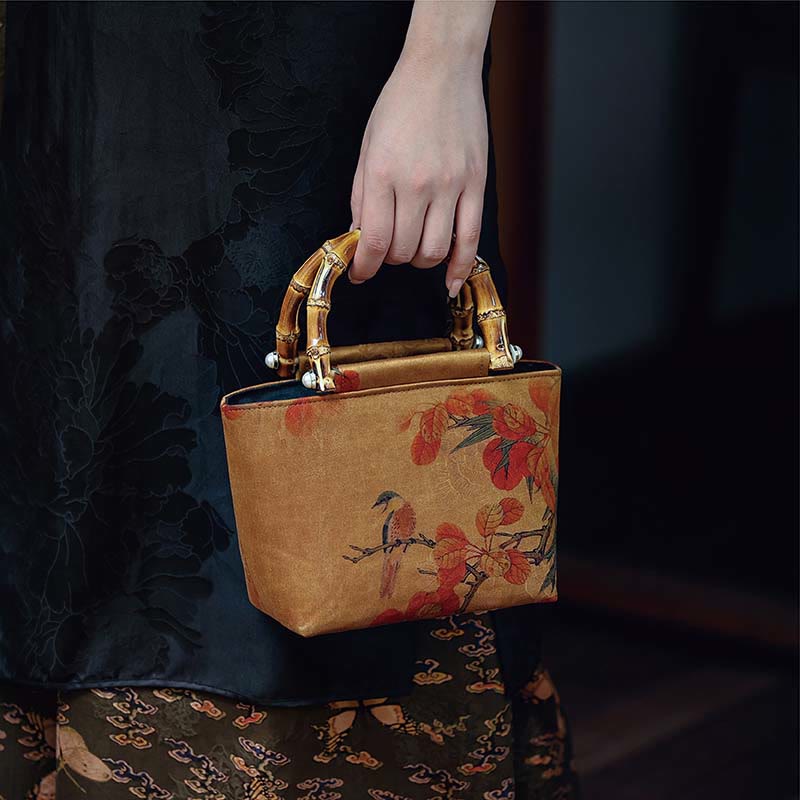 Buddha Stones Yellow Bird Branches Green Peony Flower Bamboo Handles Handbag - Yellow Red Bird 16-23*14*11cm - image 0