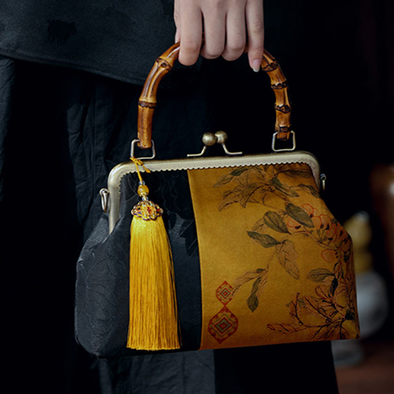 Buddha Stones Leaves Bird Branches Persimmon Flowers Bamboo Handles Handbag - Yellow Leaves 26*18*9cm - image 0