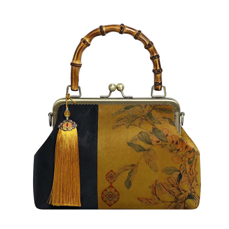 Buddha Stones Leaves Bird Branches Persimmon Flowers Bamboo Handles Handbag - image 11
