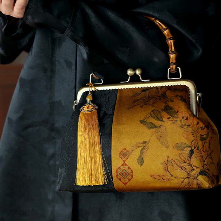 Buddha Stones Leaves Bird Branches Persimmon Flowers Bamboo Handles Handbag - image 9