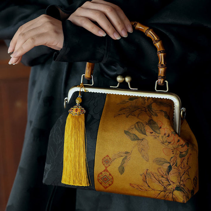 Buddha Stones Leaves Bird Branches Persimmon Flowers Bamboo Handles Handbag - image 10