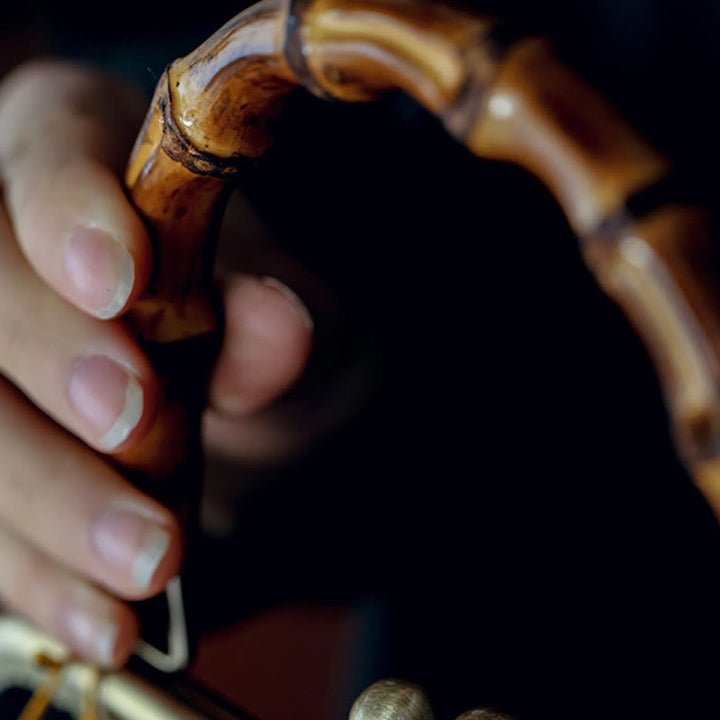 Buddha Stones Leaves Bird Branches Persimmon Flowers Bamboo Handles Handbag - image 5