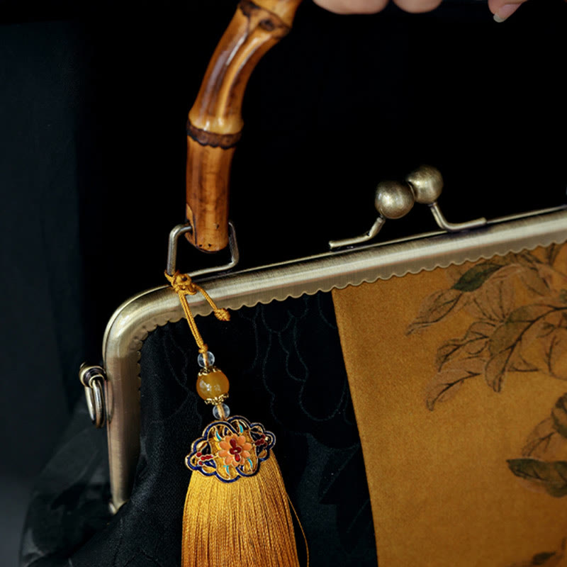 Buddha Stones Leaves Bird Branches Persimmon Flowers Bamboo Handles Handbag - image 3