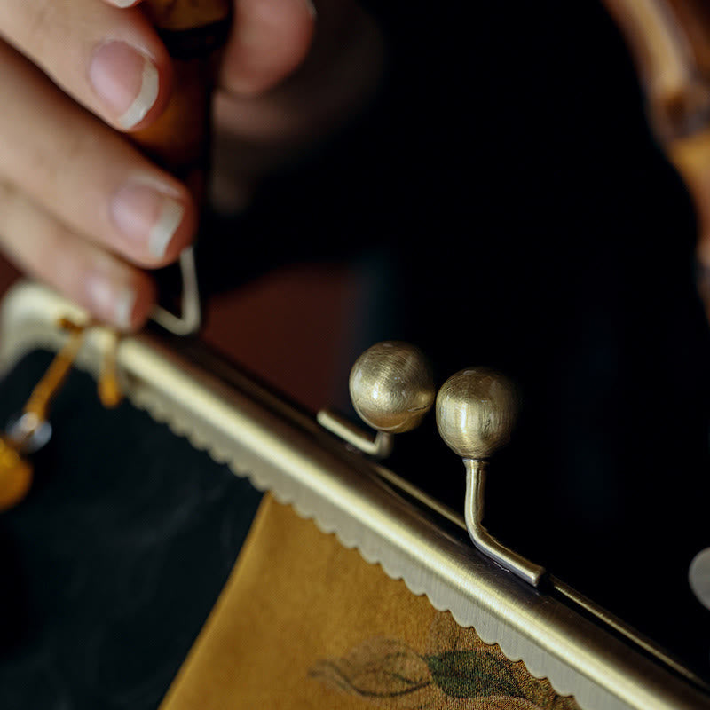 Buddha Stones Leaves Bird Branches Persimmon Flowers Bamboo Handles Handbag - image 2