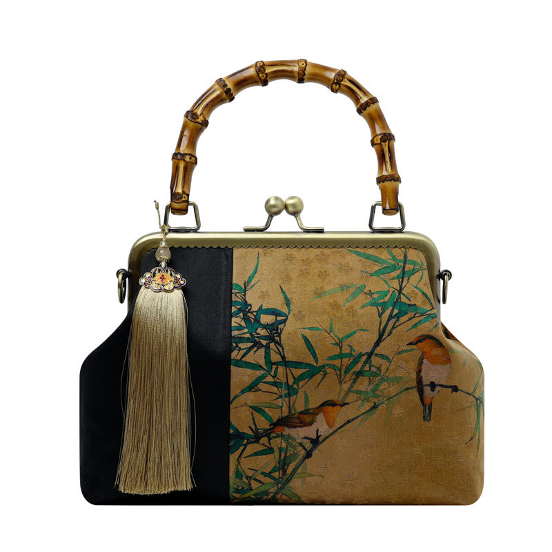Buddha Stones Leaves Bird Branches Persimmon Flowers Bamboo Handles Handbag - Yellow Bird Branches 26*18*9cm - image 12