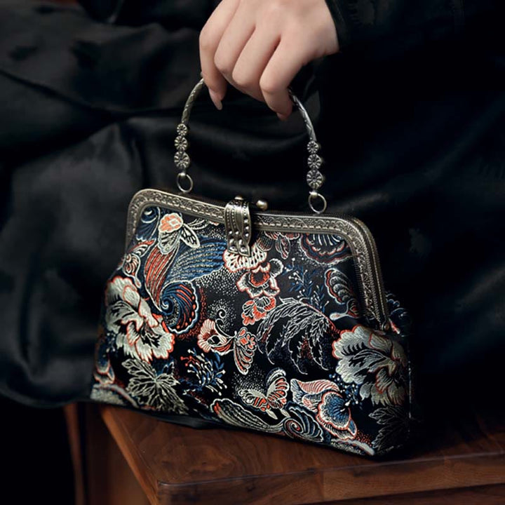 Buddha Stones Butterfly Flowers Metal Handle Handbag - image 1