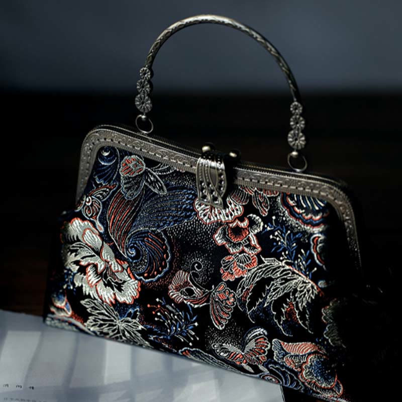 Buddha Stones Butterfly Flowers Metal Handle Handbag - image 5