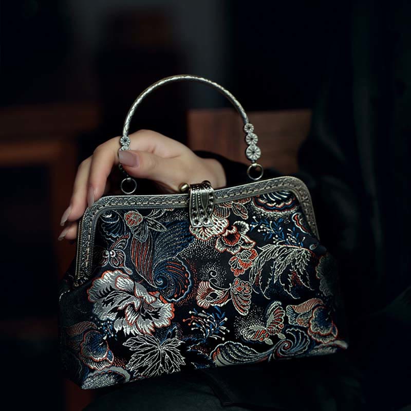 Buddha Stones Butterfly Flowers Metal Handle Handbag - image 8