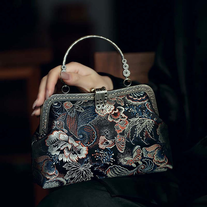 Buddha Stones Butterfly Flowers Metal Handle Handbag - Butterfly 22*13*6cm - image 0