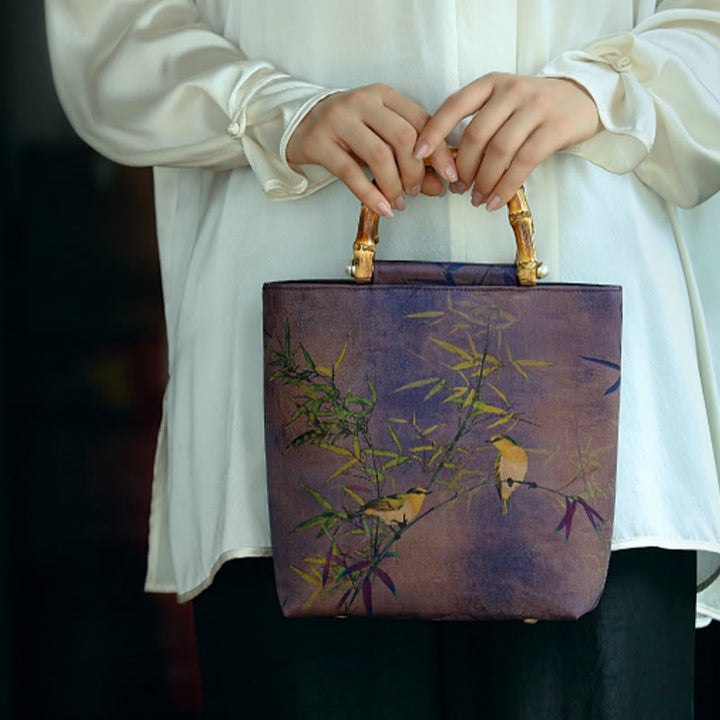 Buddha Stones Purple Magpie Birds Branches Bamboo Handles Handbag - image 9