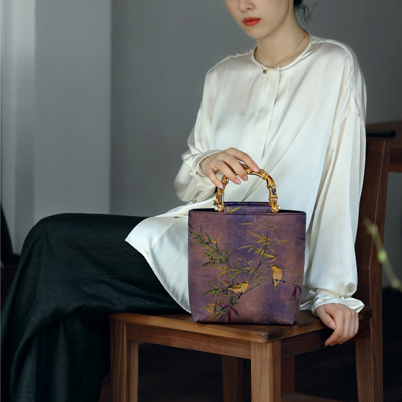 Buddha Stones Purple Magpie Birds Branches Bamboo Handles Handbag - image 17