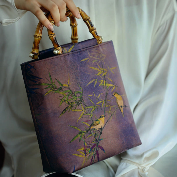 Buddha Stones Purple Magpie Birds Branches Bamboo Handles Handbag - image 10