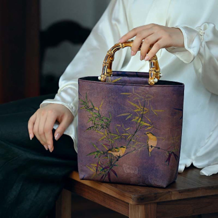Buddha Stones Purple Magpie Birds Branches Bamboo Handles Handbag - image 16