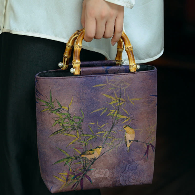 Buddha Stones Purple Magpie Birds Branches Bamboo Handles Handbag - image 8