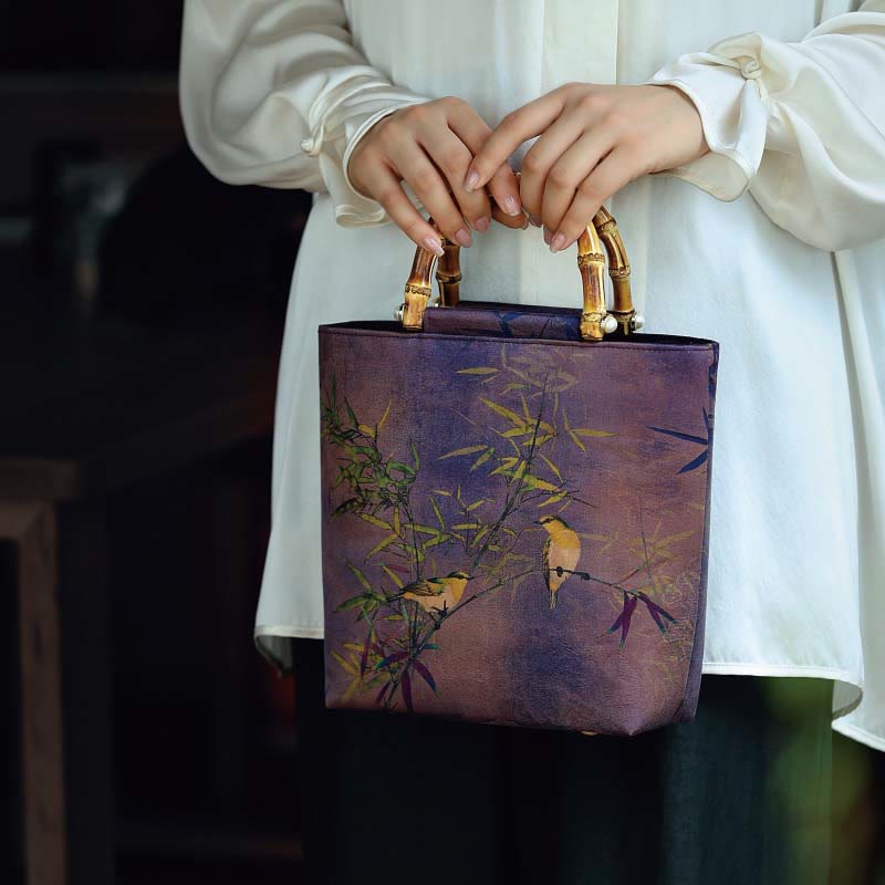 Buddha Stones Purple Magpie Birds Branches Bamboo Handles Handbag - image 12