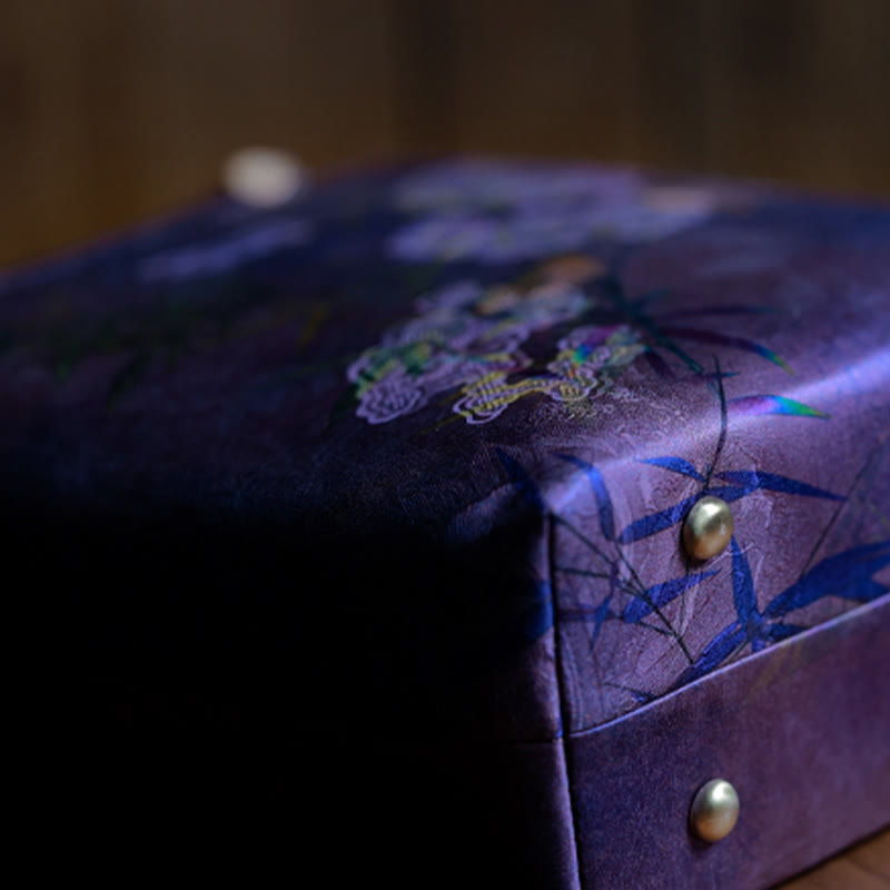 Buddha Stones Purple Magpie Birds Branches Bamboo Handles Handbag - image 6