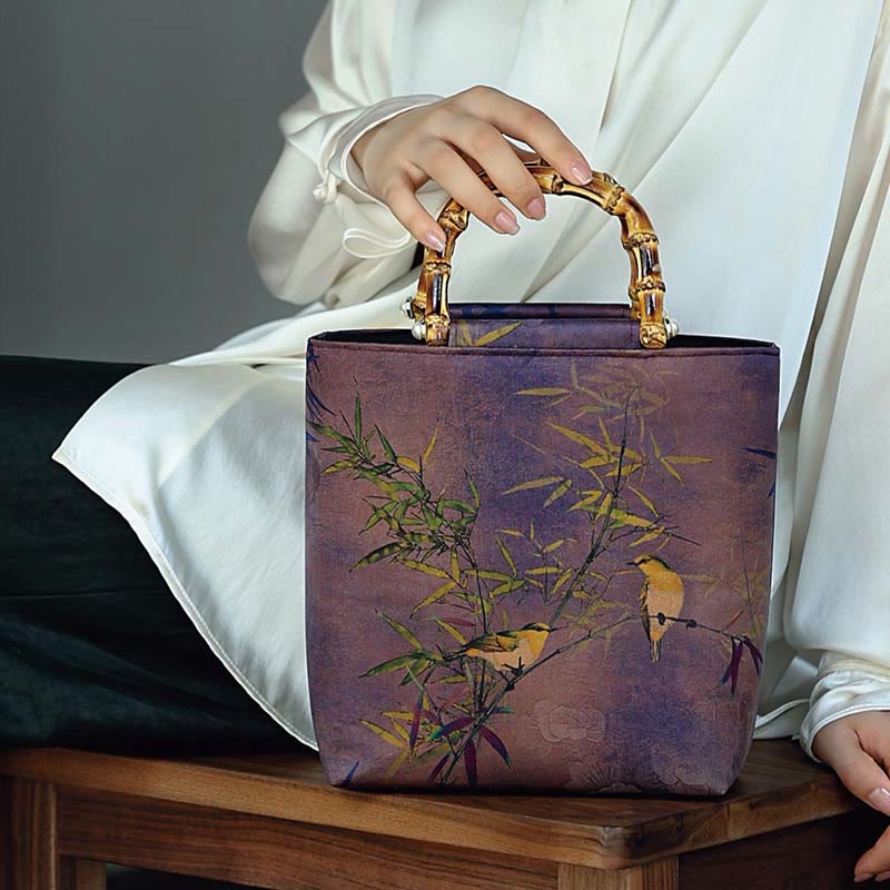 Buddha Stones Purple Magpie Birds Branches Bamboo Handles Handbag - image 14