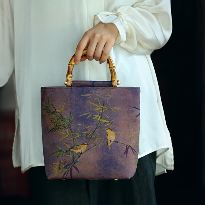 Buddha Stones Purple Magpie Birds Branches Bamboo Handles Handbag - image 13