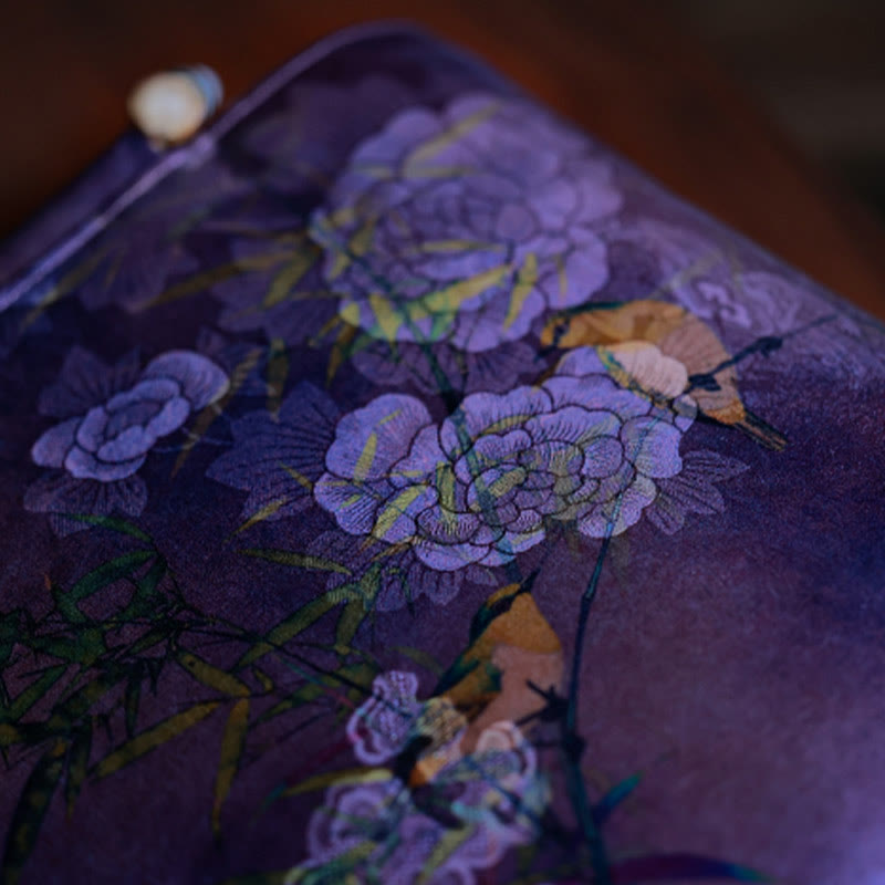 Buddha Stones Purple Magpie Birds Branches Bamboo Handles Handbag - image 5