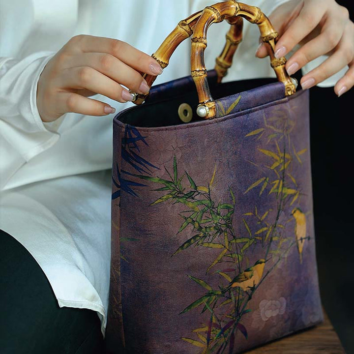 Buddha Stones Purple Magpie Birds Branches Bamboo Handles Handbag - image 7