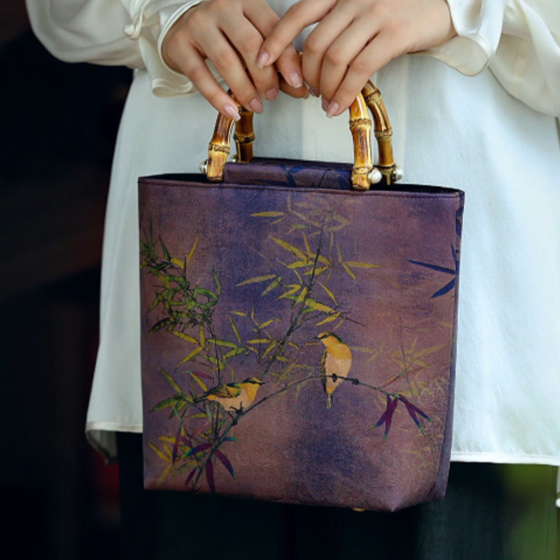 Buddha Stones Purple Magpie Birds Branches Bamboo Handles Handbag - Magpie Bird Bamboo 23*21*10cm - image 0