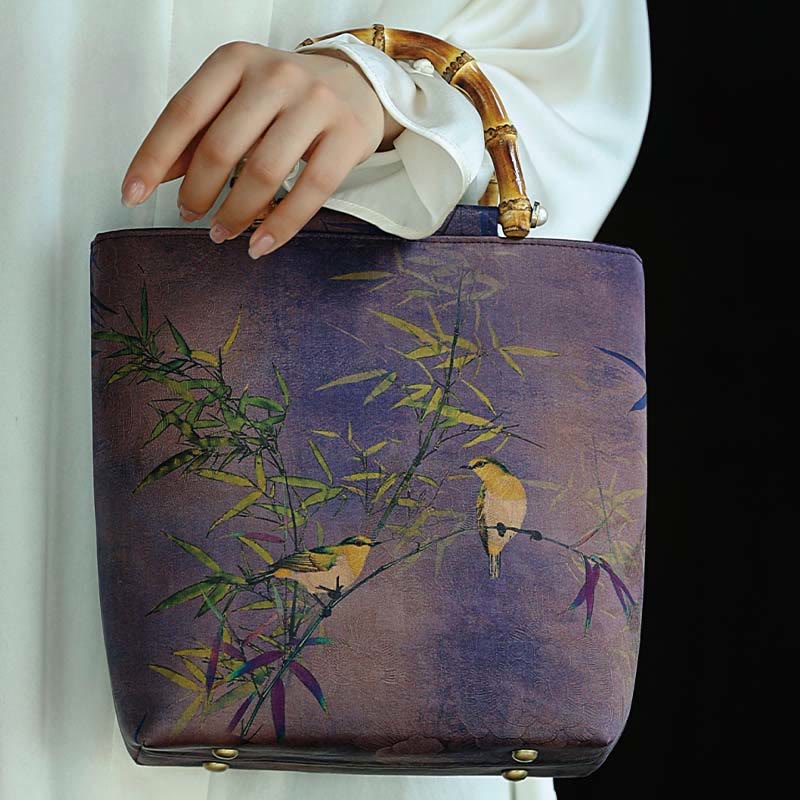 Buddha Stones Purple Magpie Birds Branches Bamboo Handles Handbag - image 1
