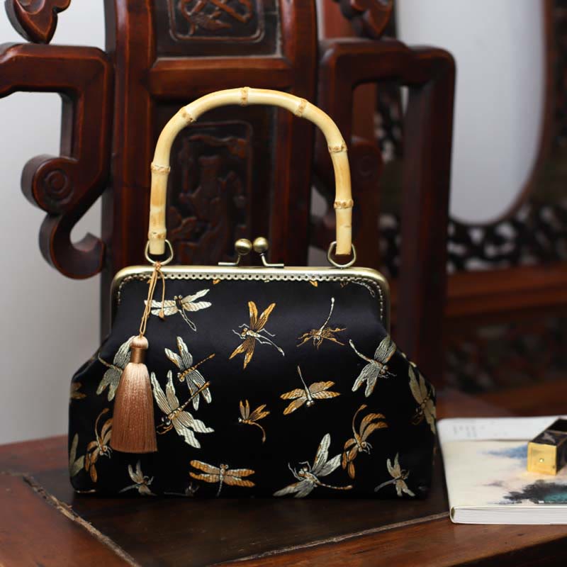 Buddha Stones Dragonfly Crane Bamboo Leaves Plum Blossom Bamboo Handles Handbag - Dragonfly 22.5*17*8.5cm - image 0