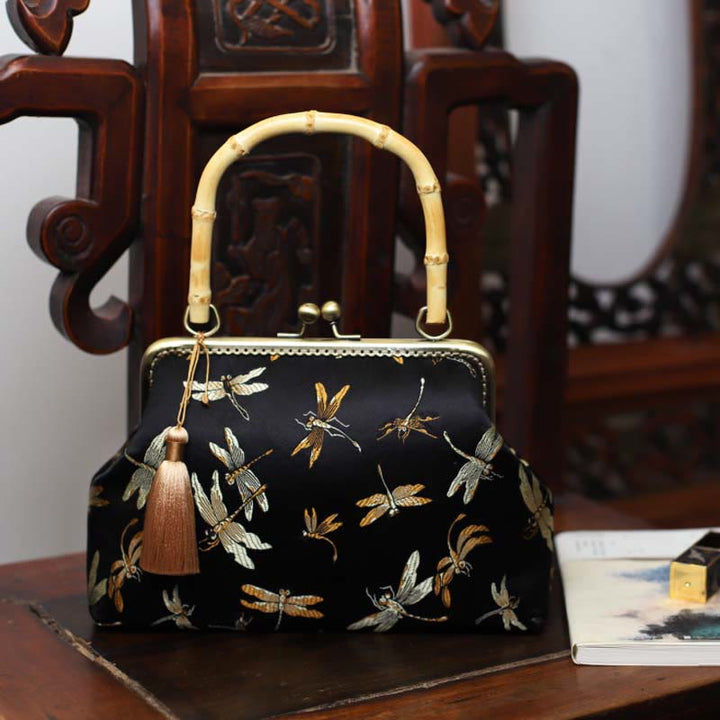 Buddha Stones Dragonfly Crane Bamboo Leaves Plum Blossom Bamboo Handles Handbag - Dragonfly 22.5*17*8.5cm - image 0