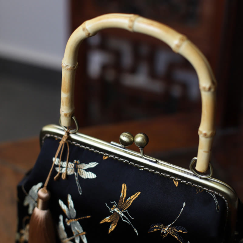 Buddha Stones Dragonfly Crane Bamboo Leaves Plum Blossom Bamboo Handles Handbag - image 3