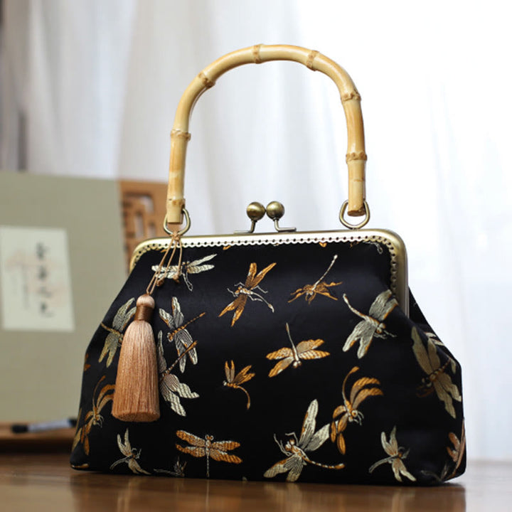 Buddha Stones Dragonfly Crane Bamboo Leaves Plum Blossom Bamboo Handles Handbag - image 6