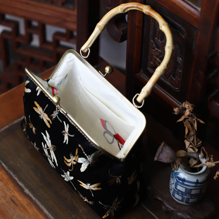 Buddha Stones Dragonfly Crane Bamboo Leaves Plum Blossom Bamboo Handles Handbag - image 1