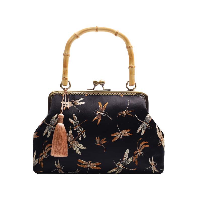 Buddha Stones Dragonfly Crane Bamboo Leaves Plum Blossom Bamboo Handles Handbag - image 9
