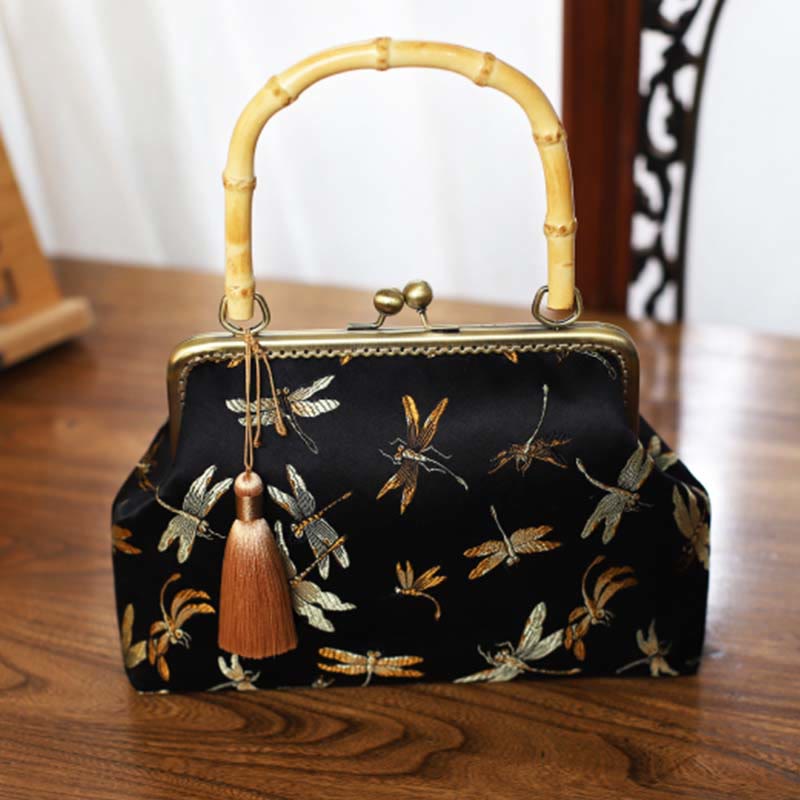 Buddha Stones Dragonfly Crane Bamboo Leaves Plum Blossom Bamboo Handles Handbag - image 2