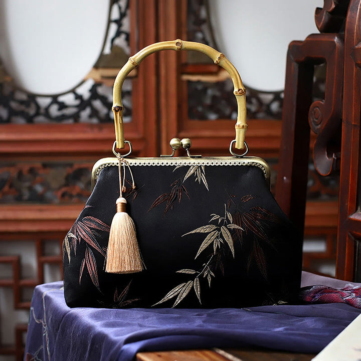 Buddha Stones Dragonfly Crane Bamboo Leaves Plum Blossom Bamboo Handles Handbag - Bamboo Leaf 22.5*17*8.5cm - image 11