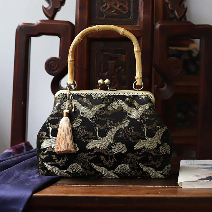 Buddha Stones Dragonfly Crane Bamboo Leaves Plum Blossom Bamboo Handles Handbag - Crane 22.5*17*8.5cm - image 10