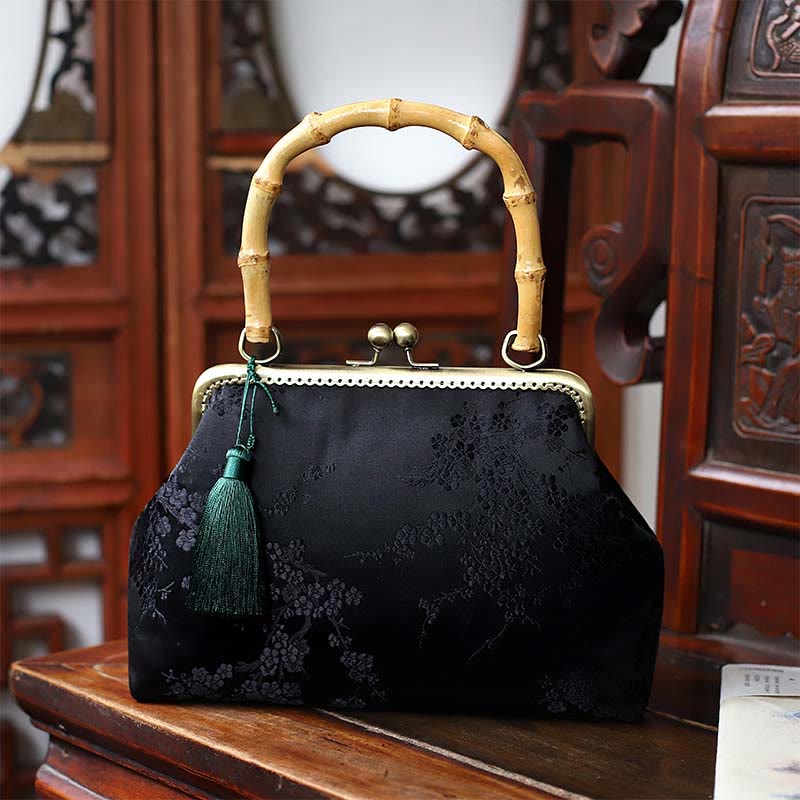 Buddha Stones Dragonfly Crane Bamboo Leaves Plum Blossom Bamboo Handles Handbag - Plum Blossom 22.5*17*8.5cm - image 12