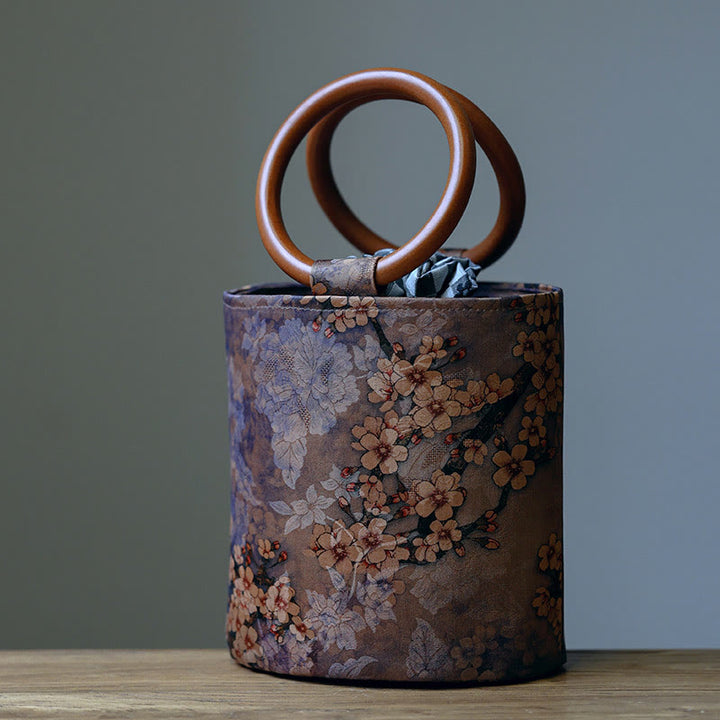 Buddha Stones Bamboo Leaf Butterfly Cherry Blossom Persimmon Wood Handle Handbag - Cherry Blossom 16*17*12cm - image 10