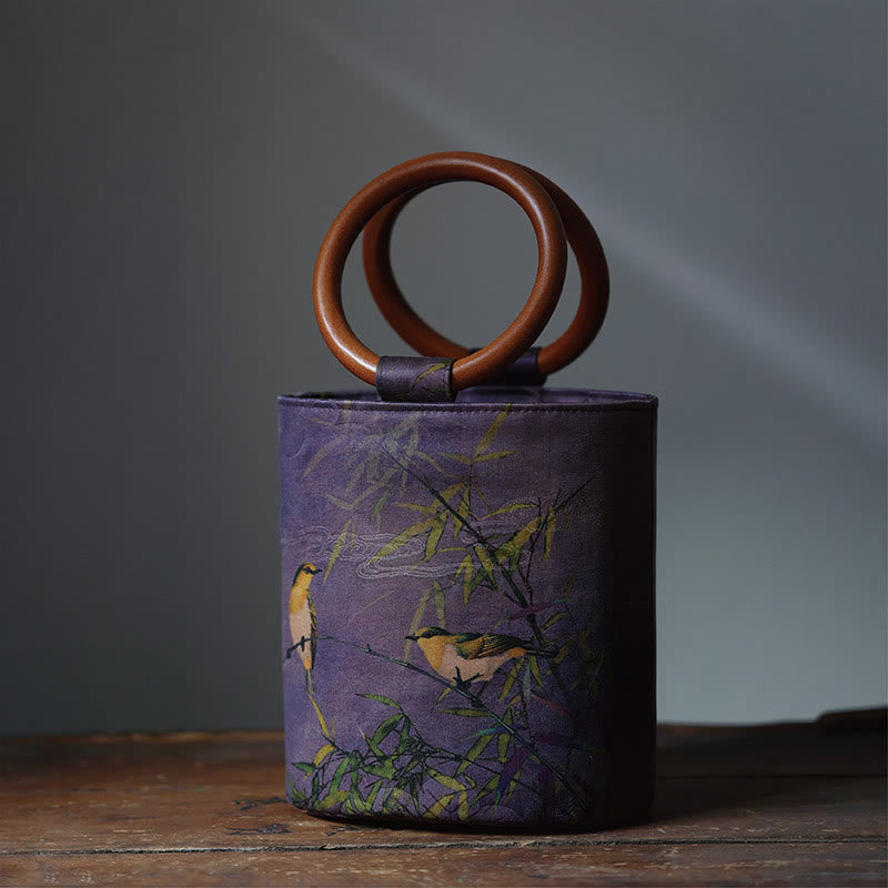 Buddha Stones Bamboo Leaf Butterfly Cherry Blossom Persimmon Wood Handle Handbag - Magpie Bamboo 16*17*12cm - image 11